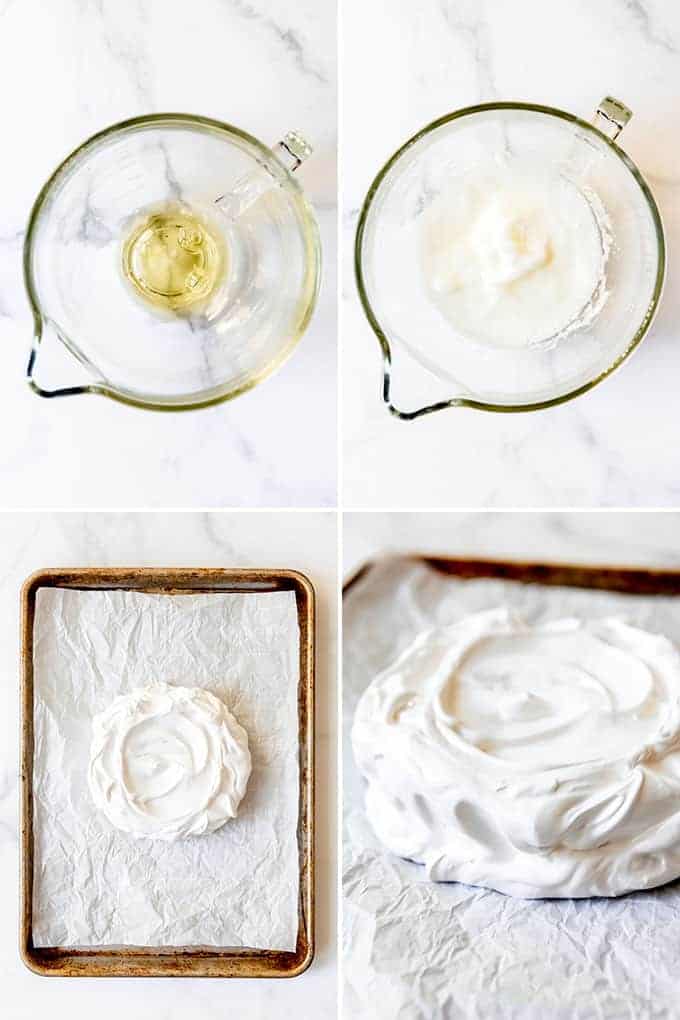A collage of images showing how to make pavlova.