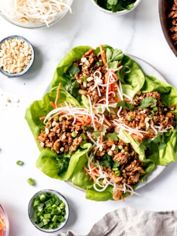 An image of healthy Asian lettuce wraps made with ground chicken.