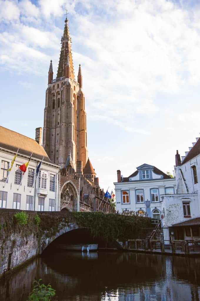 An image of a cathedral spire in Bruges, Belgium.