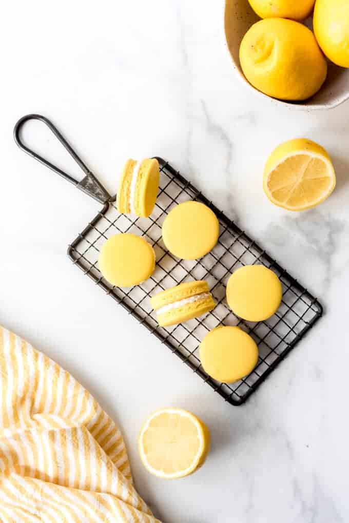 An image of yellow French macarons.