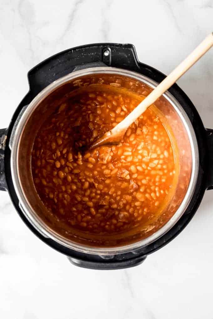 An image of pork and beans made in the Instant Pot.