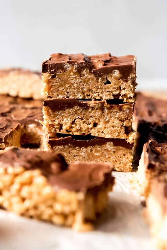 An image of a stack of peanut butter chocolate rice krispie treats.