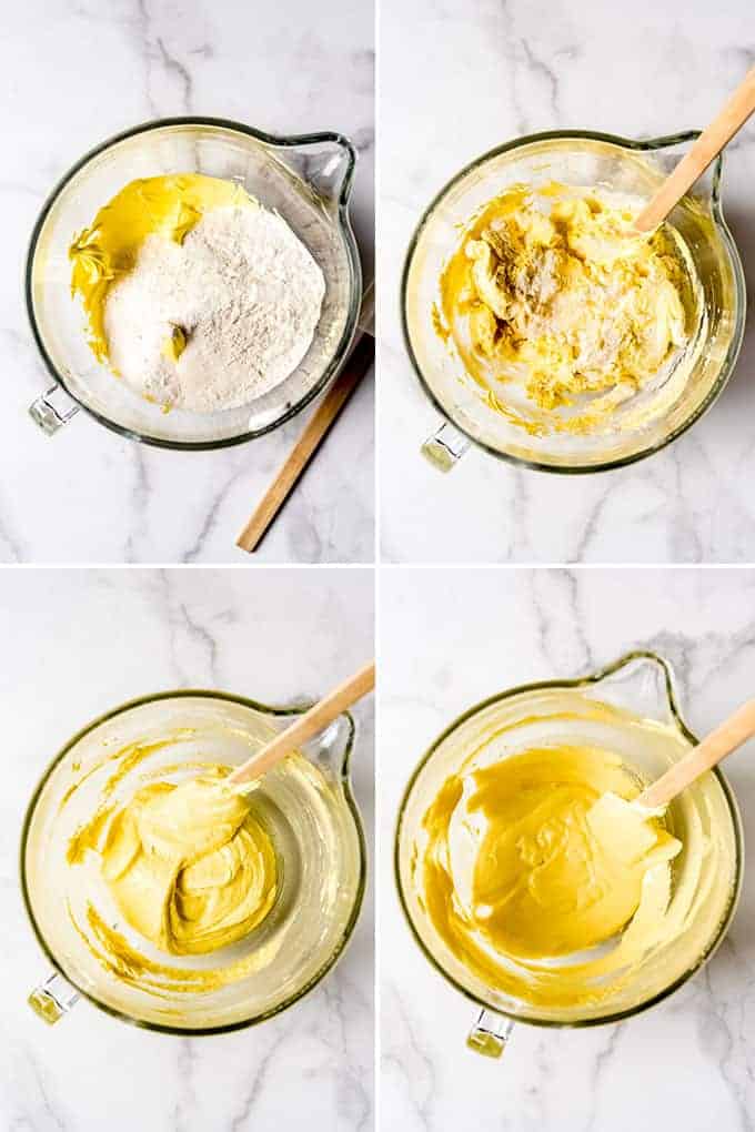 A collage of images showing how to make lemon macarons.