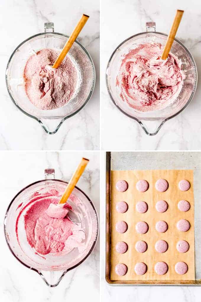 A collage of images showing how to make raspberry macarons.