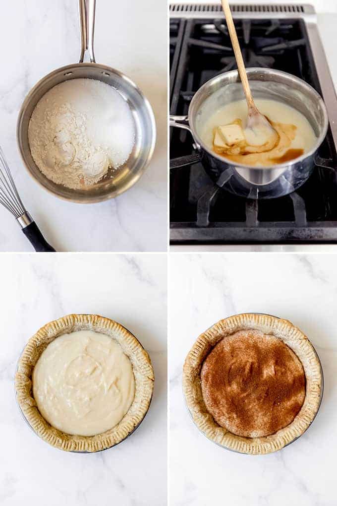 A collage of images showing how to make sugar cream pie.