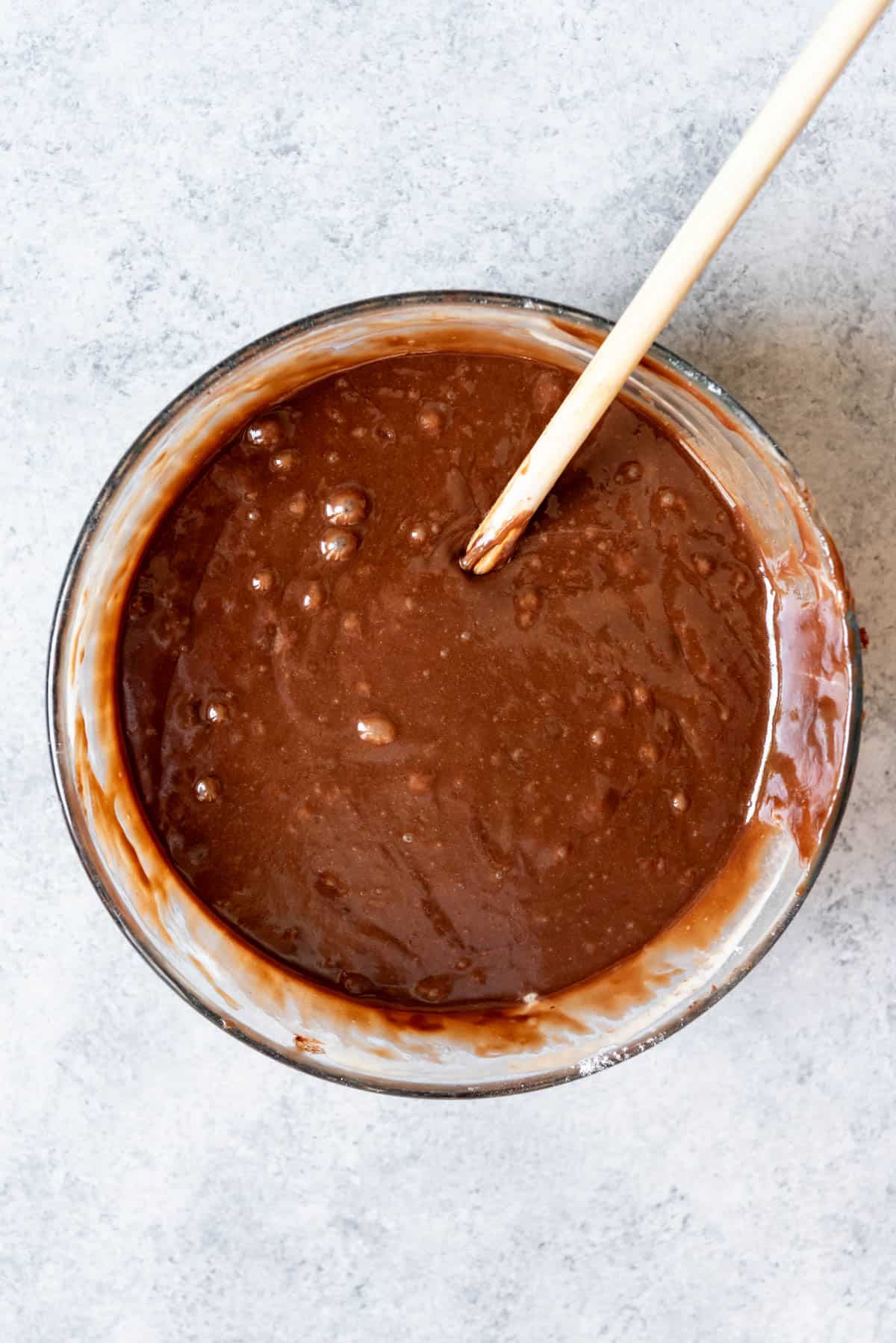 An image of a bowl of chocolate cake batter.