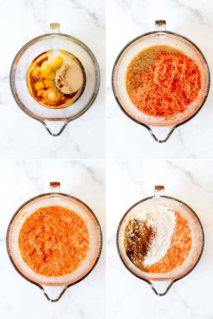 A collage of images showing how to make carrot cake.