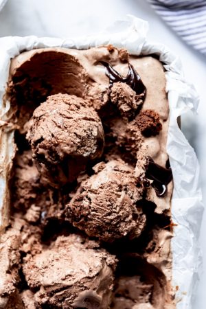 Scoops of chocolate ice cream in a freezer-safe pan.