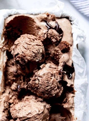 Scoops of chocolate ice cream in a freezer-safe pan.