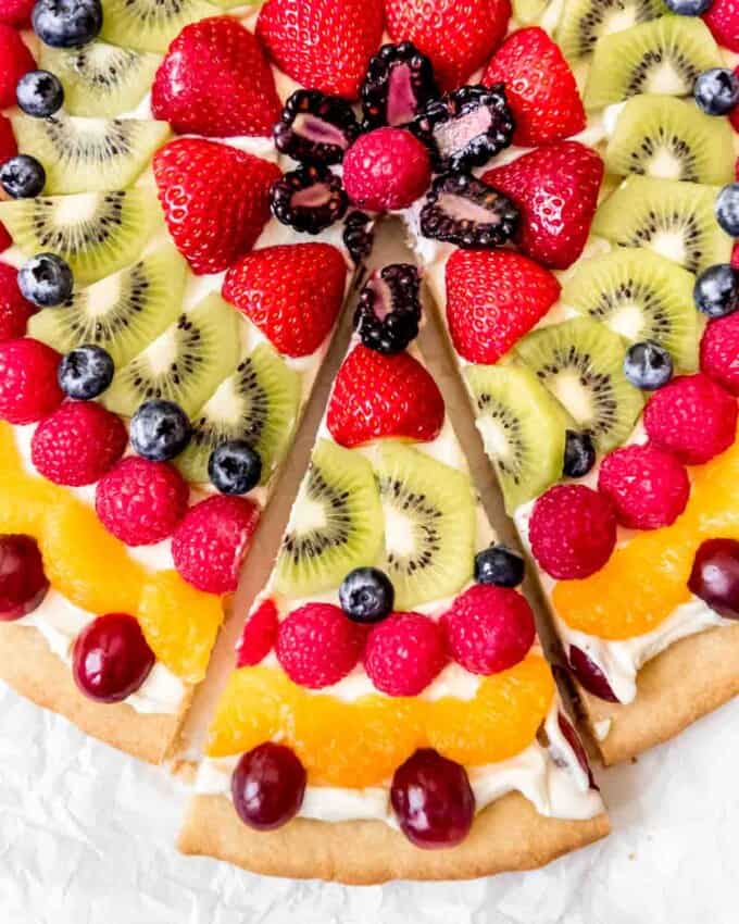 An image of a slice of easy fresh fruit pizza.