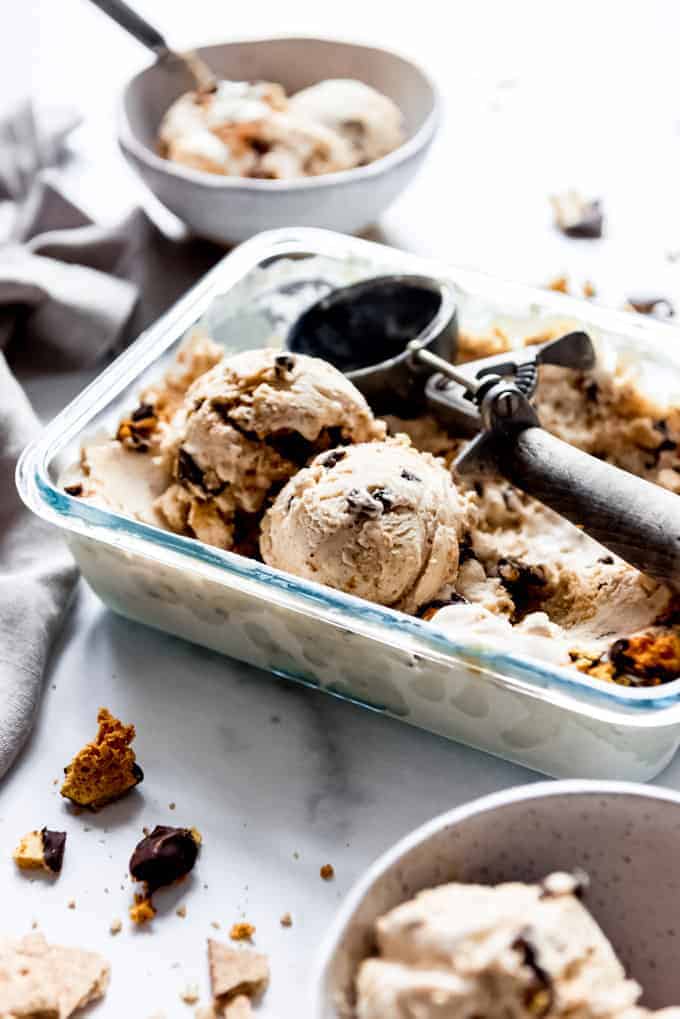 An image of ice cream made with honeycomb candy, graham crackers, and mini chocolate chips.