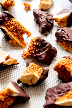 An image of honeycomb candy coated in chocolate.