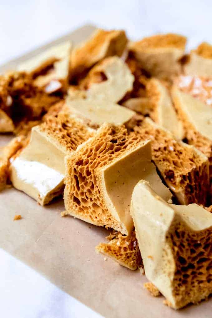 An image of homemade sponge toffee candy.