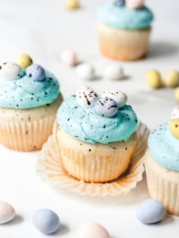 An image of white cupcakes with blue frosting, chocolate Easter egg candies, and cocoa speckles.
