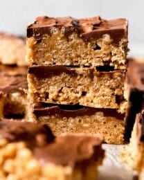 An image of a stack of peanut butter chocolate rice krispie treats.