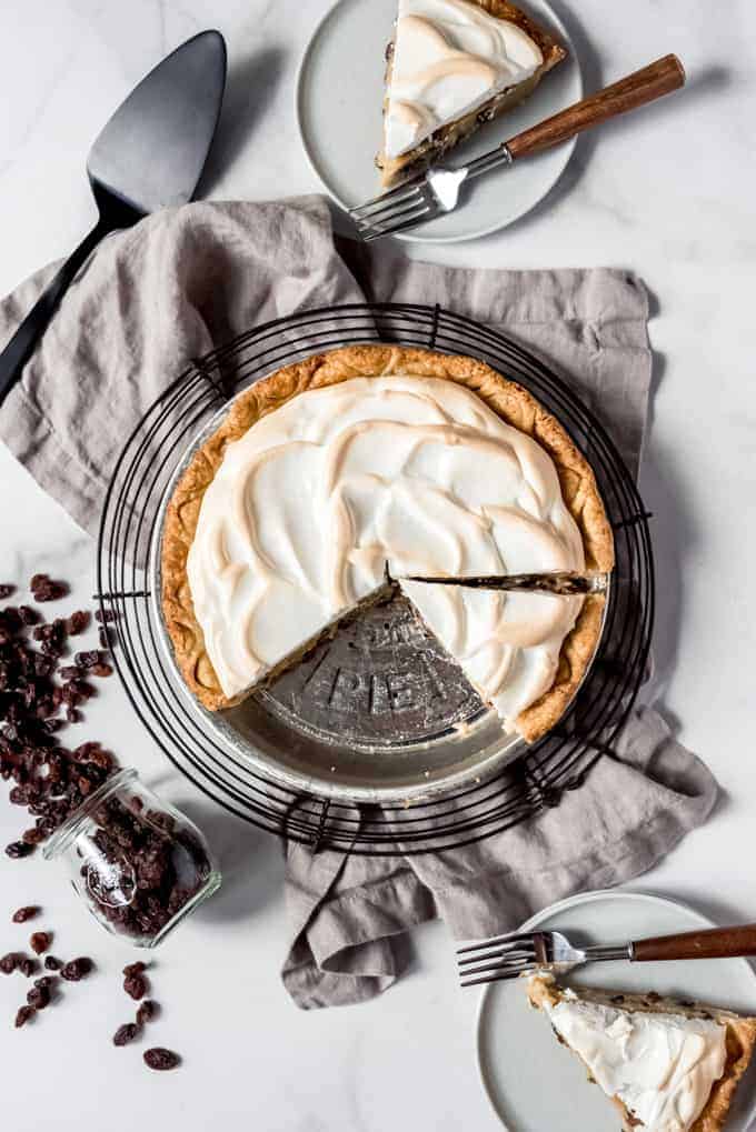 An image of a raisin custard pie with meringue on top.