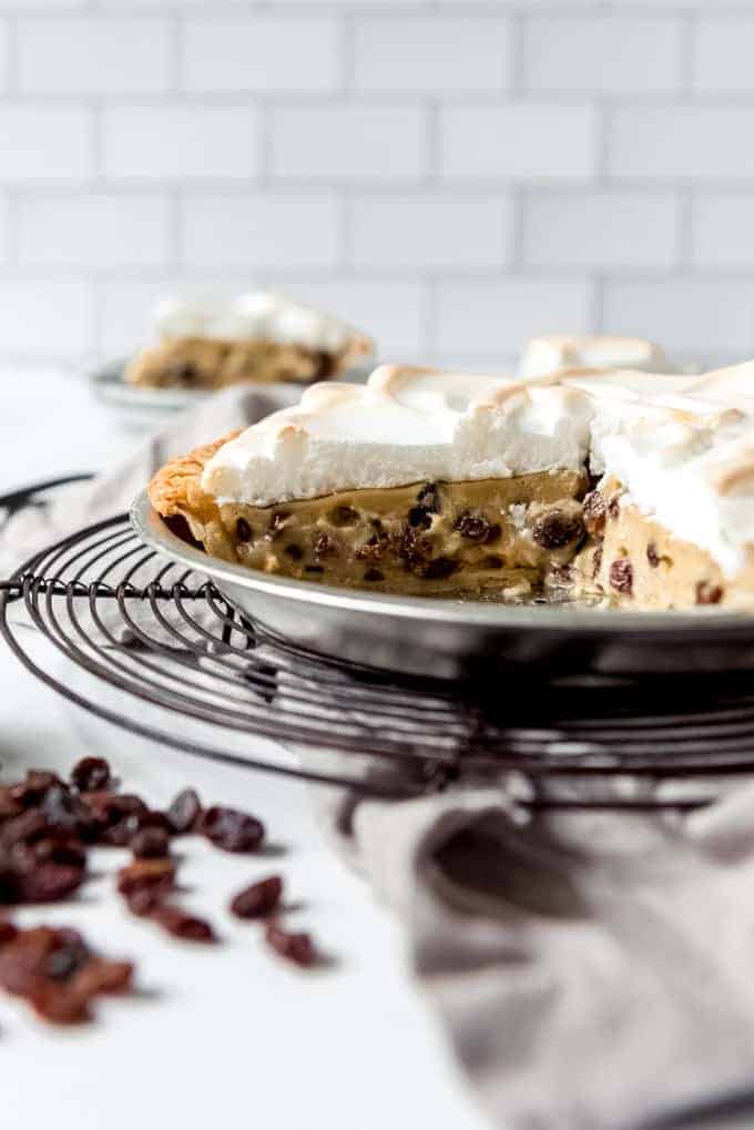 An image of sour cream raisin pie topped with meringue.