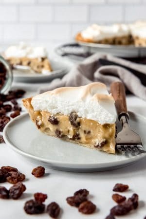 An image of a slice of homemade Sour Cream Raisin Pie with meringue.