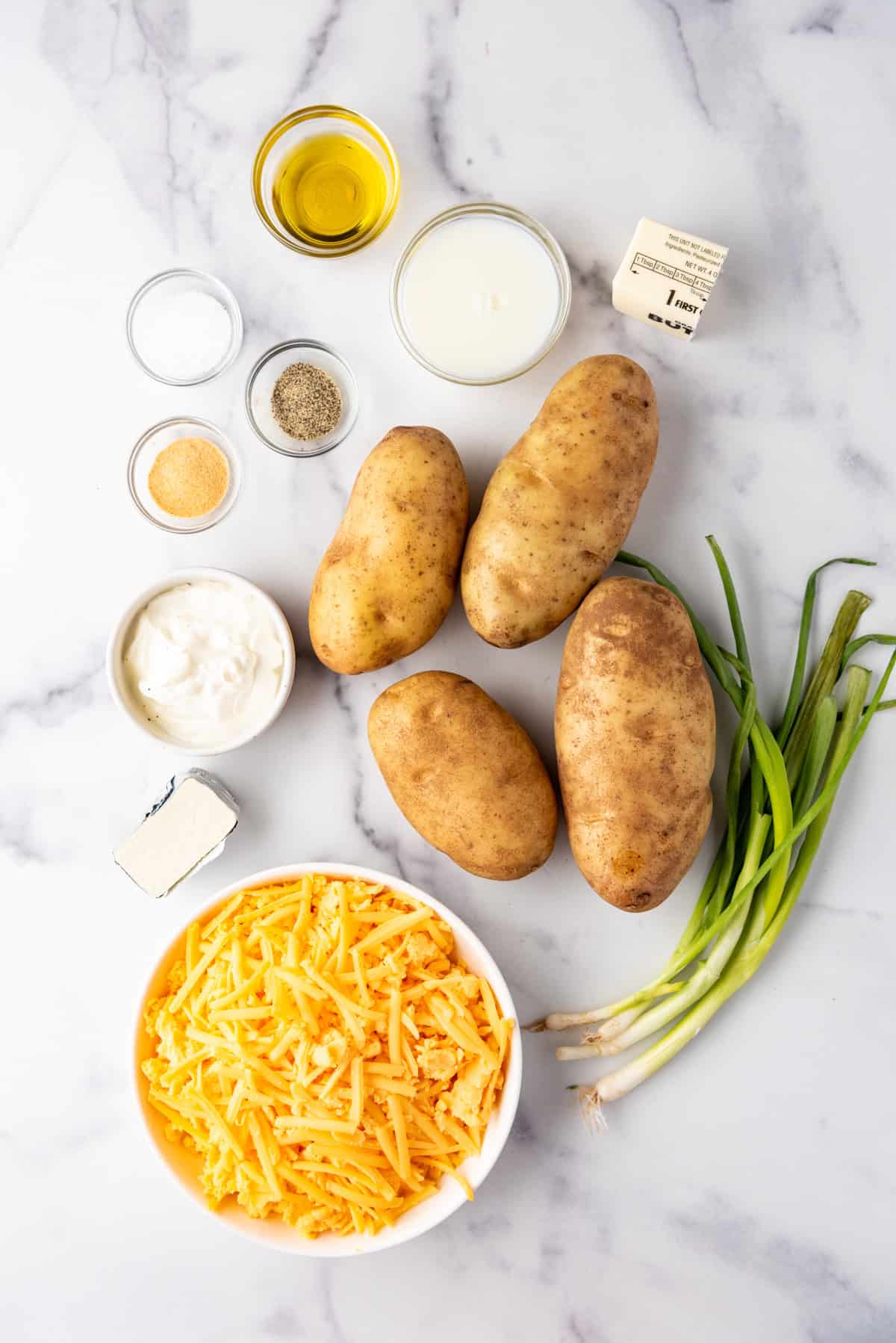 Ingredients for making twice baked potatoes.