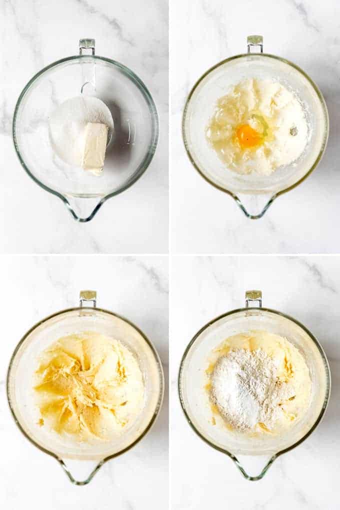 A collage of images showing how to make sugar cookie fruit pizza dough.