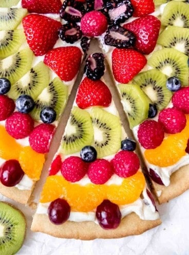 An image of a slice of easy fresh fruit pizza.