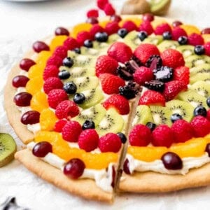 An image of a sugar cookie fruit pizza dessert.