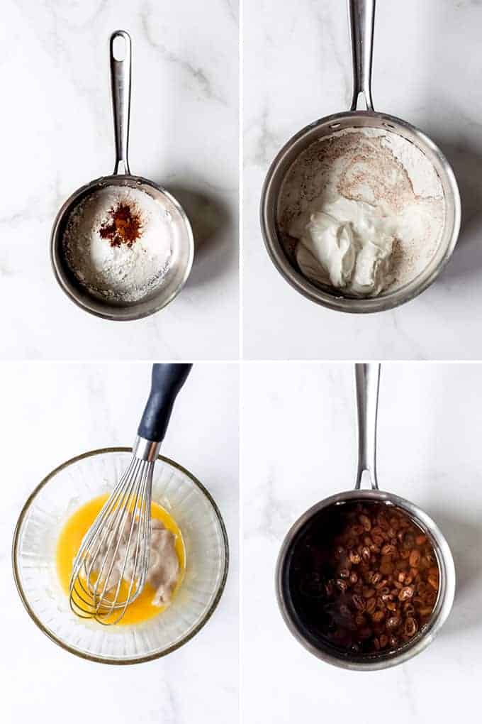 A collage of images showing how to make the filling for sour cream raisin pie.