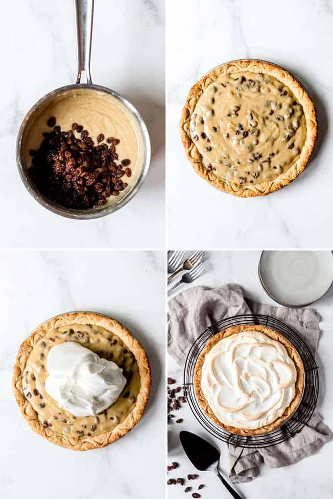 A collage of images showing how to top a sour cream raisin pie with meringue.