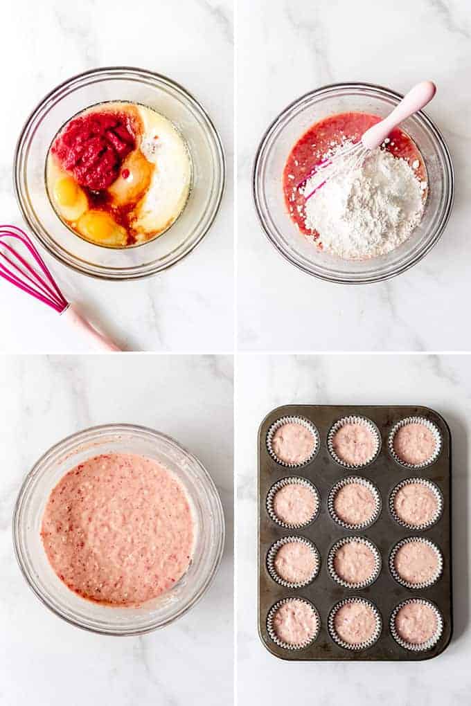 A collage of images showing how to make strawberry cupcake batter.