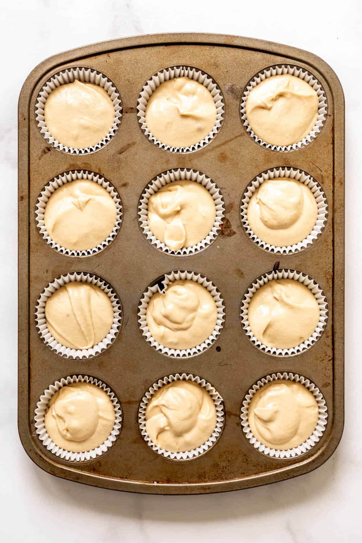 Cupcake batter in cupcake liners.