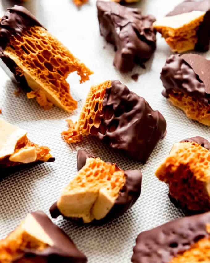 An image of honeycomb candy coated in chocolate.