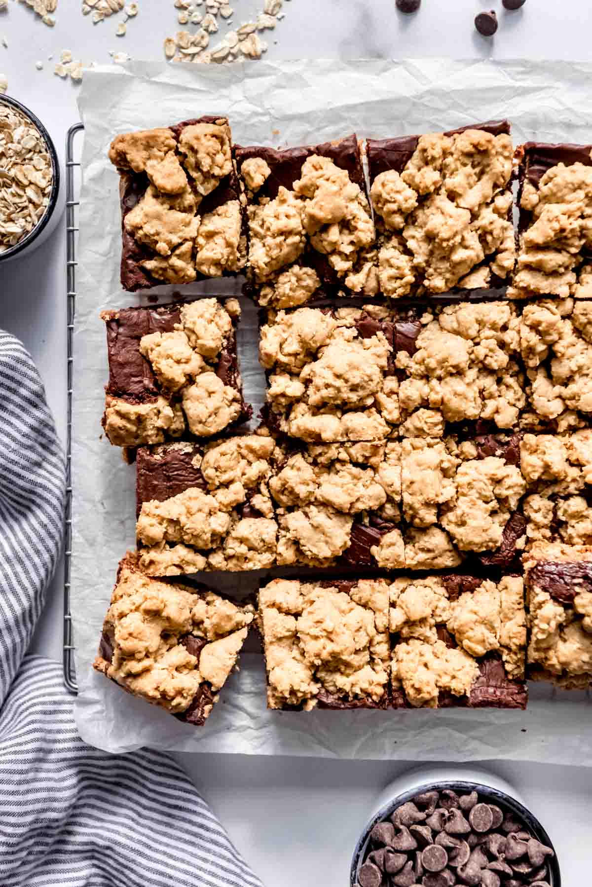 An image of oatmeal fudge bars cut into squares.