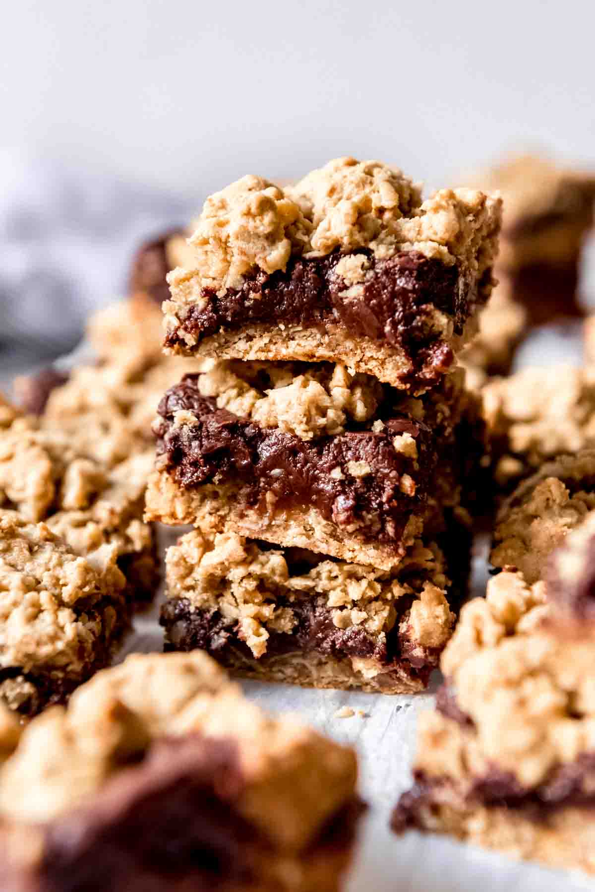 Stacked oatmeal fudge bars.