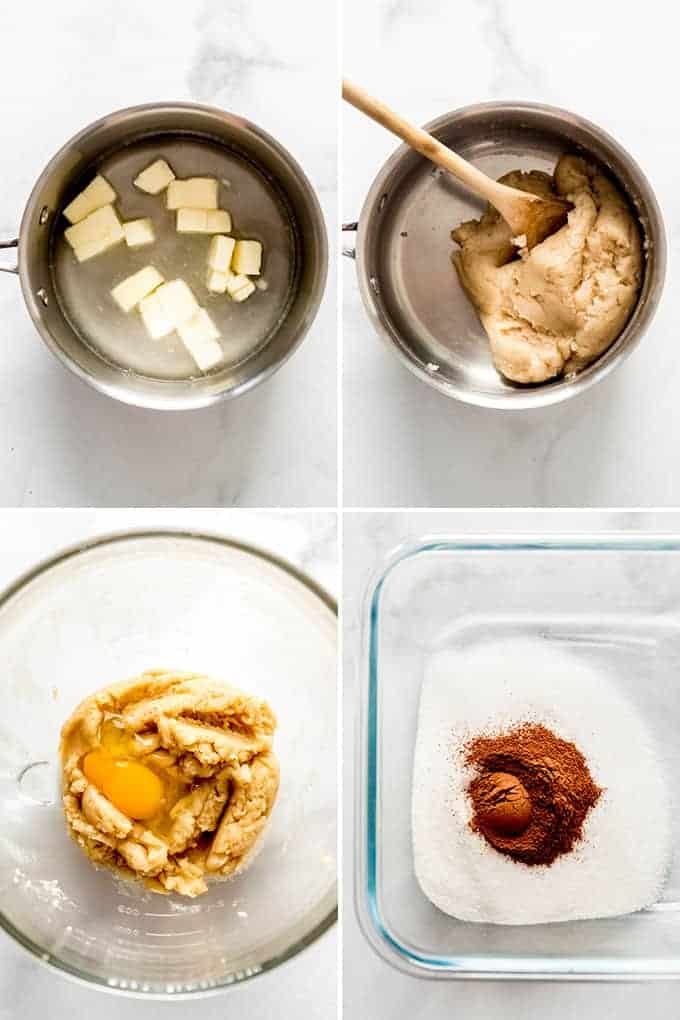 A collage of images showing how to make homemade churros dough.