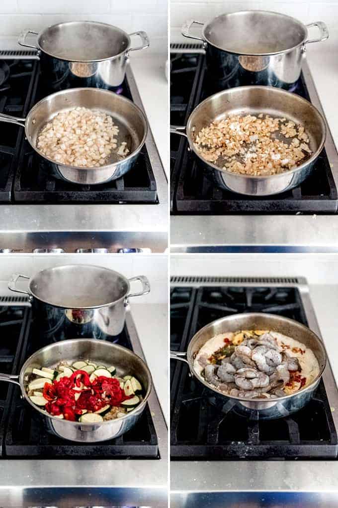 Images showing onions being sauteed in a pan, then vegetables being added, then shrimp and cream being added.