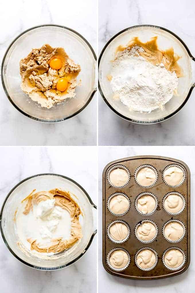 A collage of images showing the steps for making cupcake batter and filling cupcake liners.