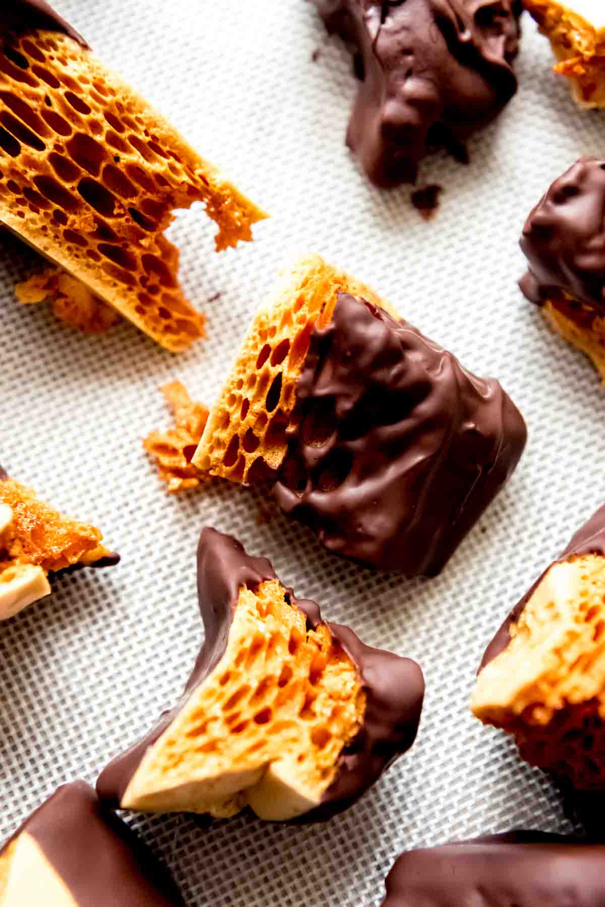 An image of honeycomb candy coated in chocolate.