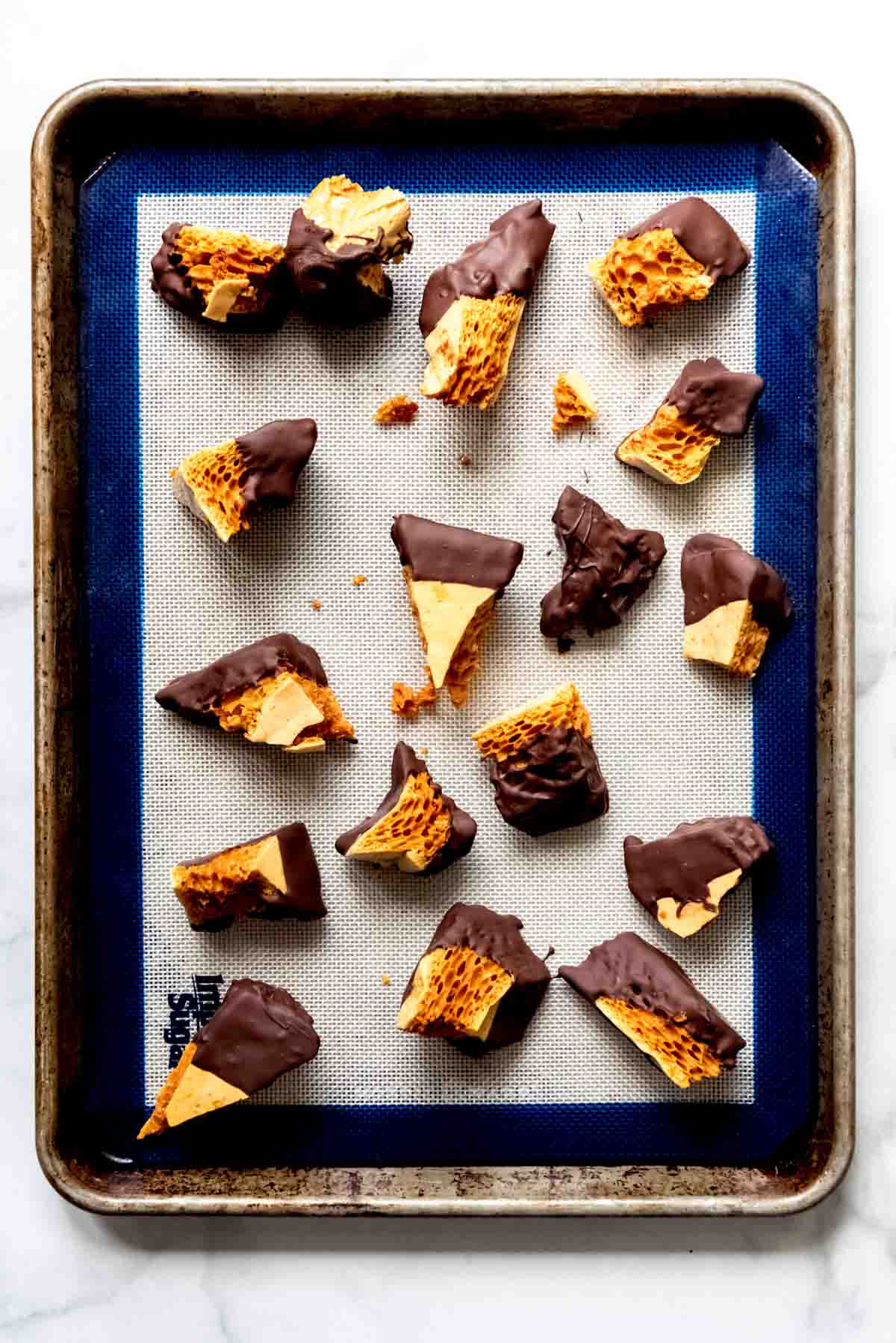 An image of chocolate-dipped honeycomb candy pieces.