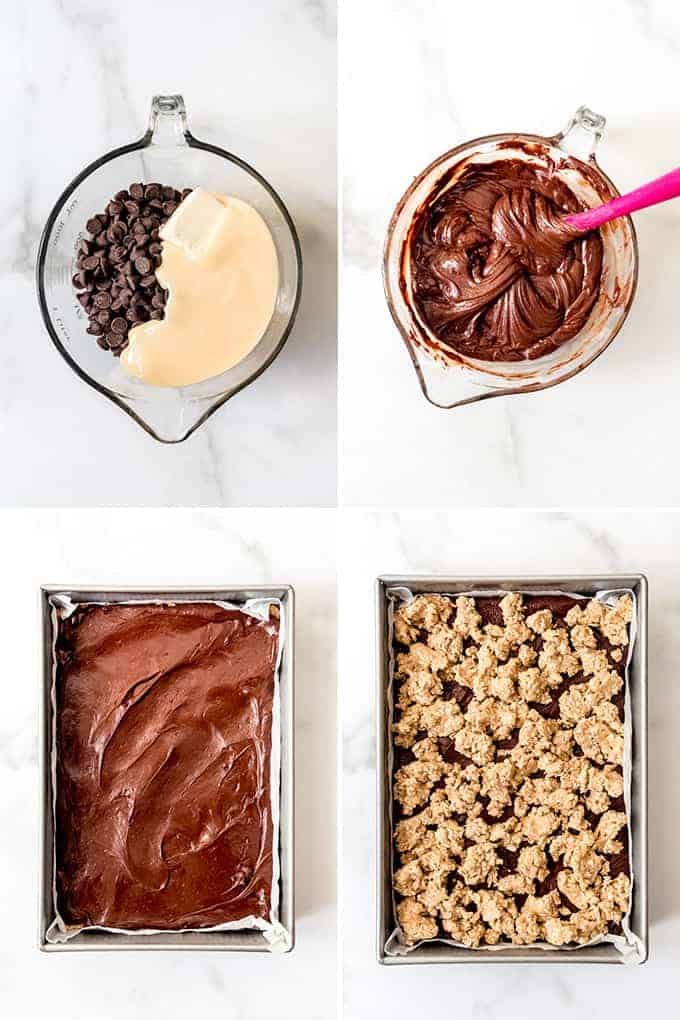 A collage of images showing how to make oatmeal fudge bars.