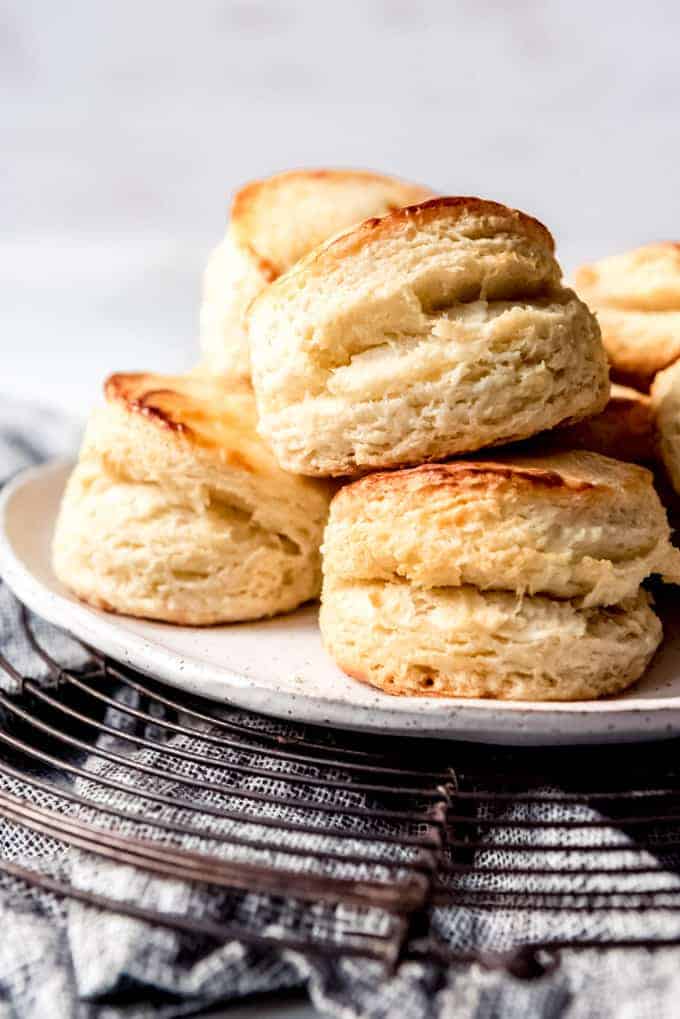 Buttermilk biscuits piled on a plate on a wire cooling rack.