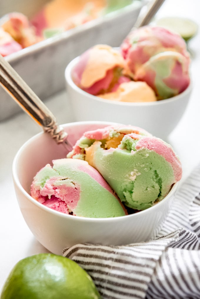 two white bowls filled with scoops of homemade sherbet