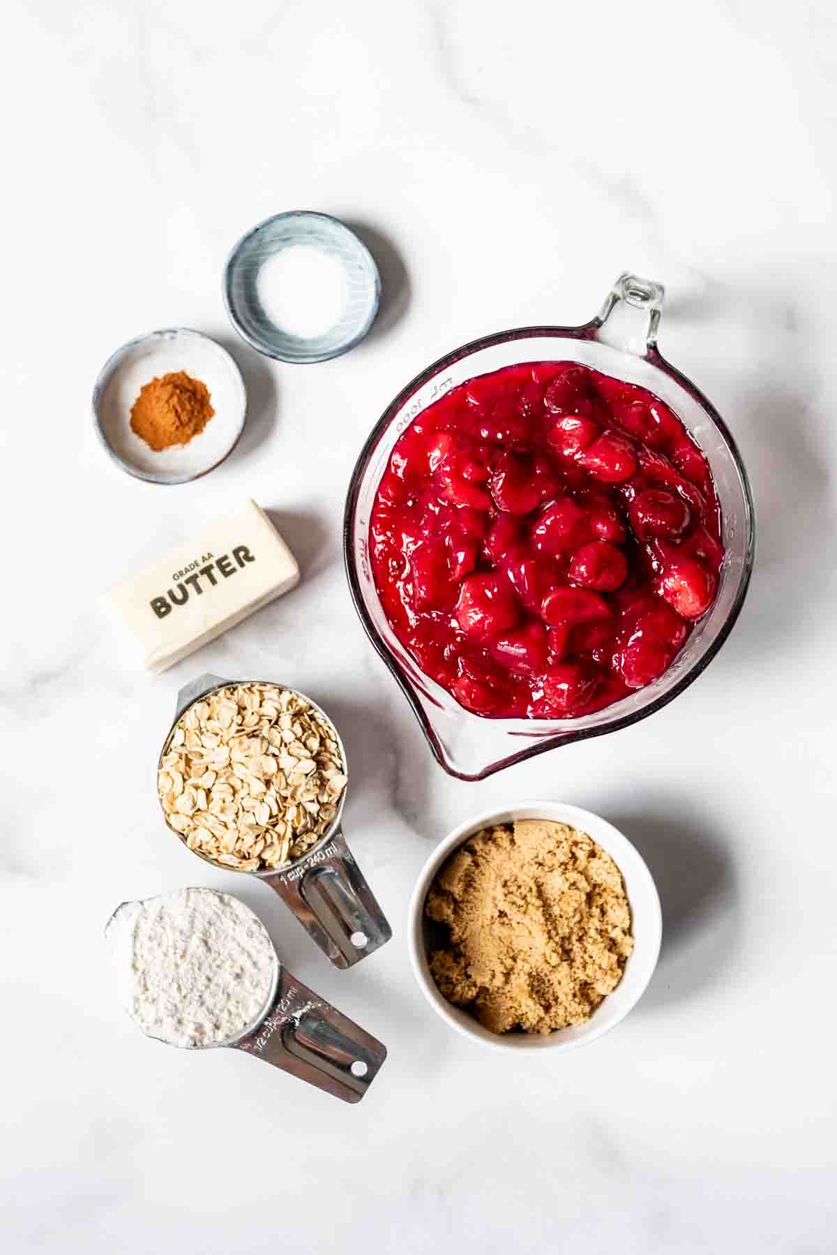 The ingredients for cherry crisp.