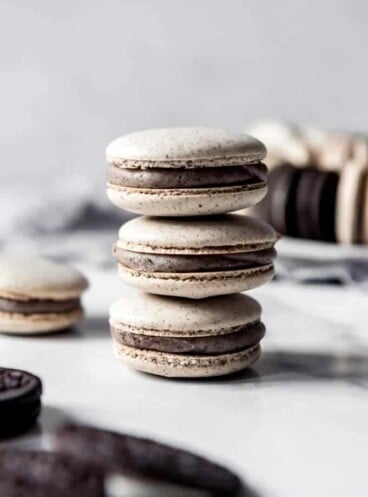 stacked cookies and cream macarons