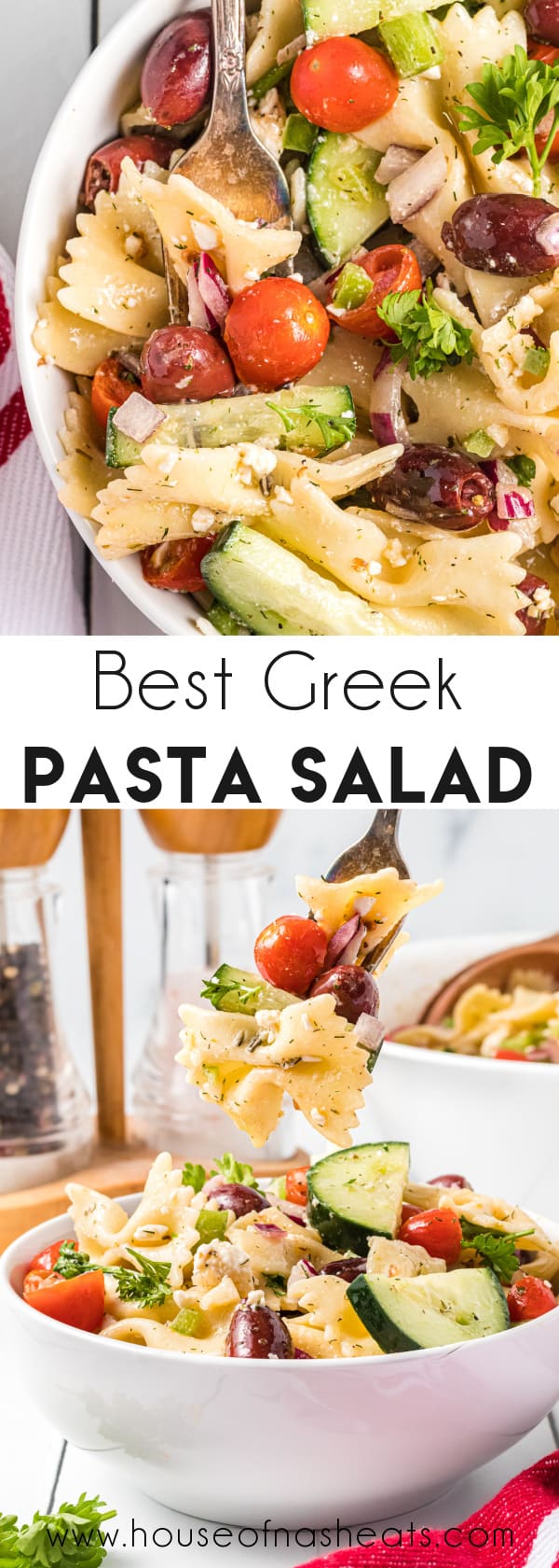 A collage of images of Greek pasta salad with text overlay.
