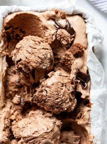 Scoops of chocolate ice cream in a freezer-safe pan.