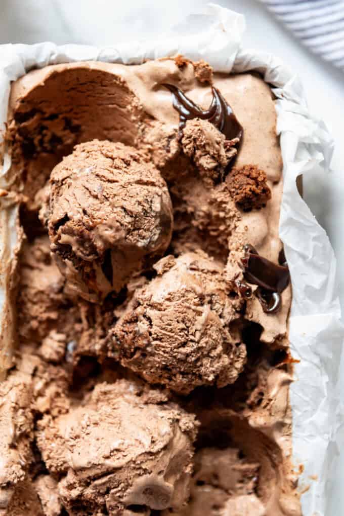 Scoops of chocolate ice cream in a freezer-safe pan.