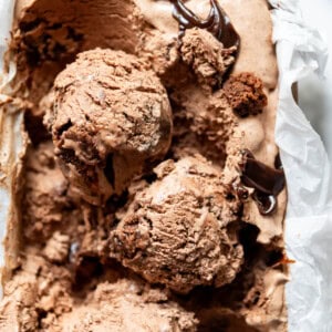 Scoops of chocolate ice cream in a freezer-safe pan.