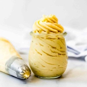 A glass jar filled with French pastry cream.