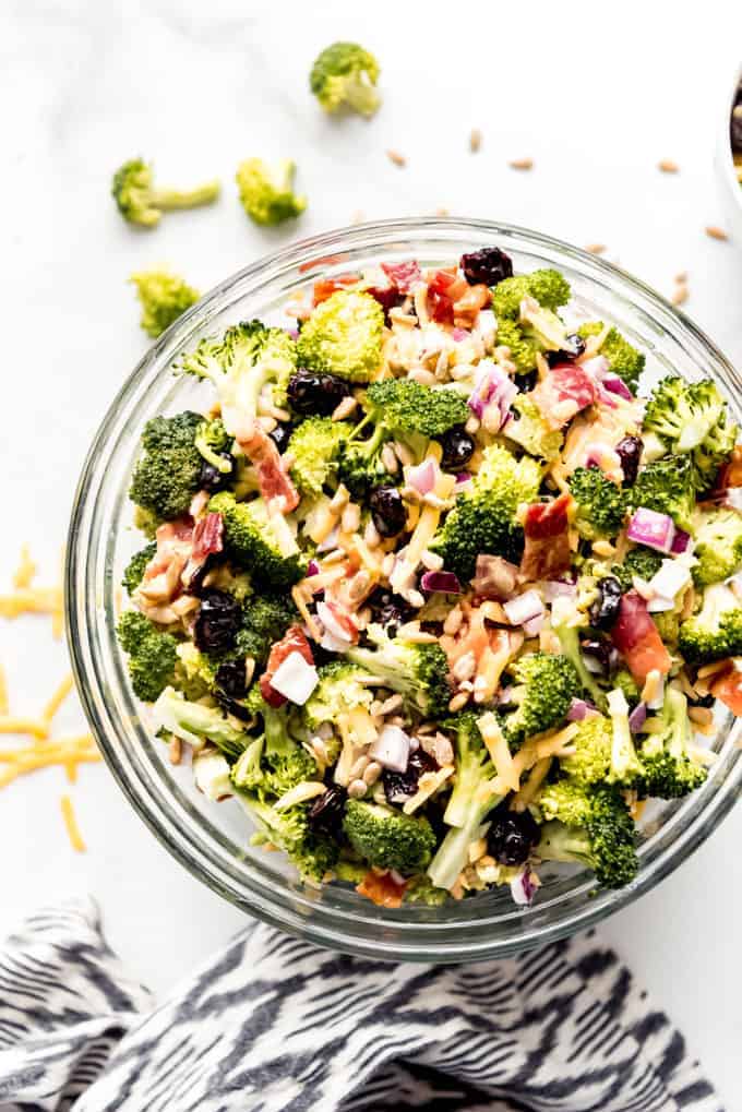 A large bowl of broccoli salad.