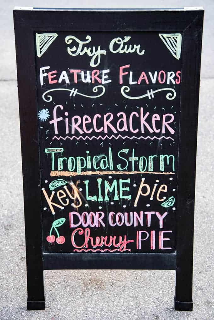 A sign showing featured flavors at Wilson's restaurant in Ephraim, Wisconsin.